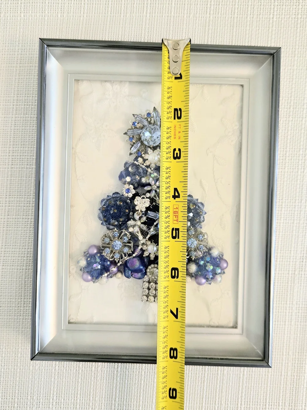 Vtg Costume Jewelry Framed Christmas Tree Blue Rhinestones Grandma's Brooch